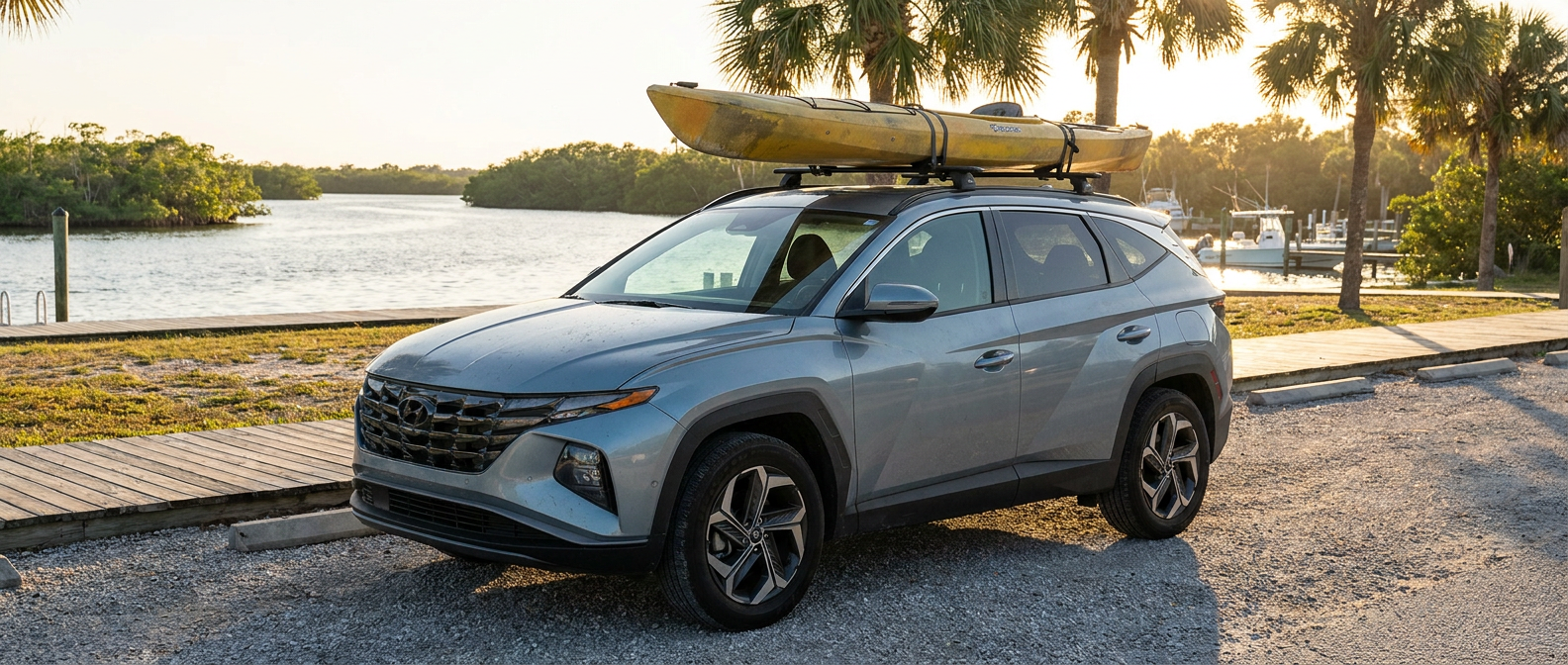 2022 Hyundai Tucson Hybrid with kayak on roof rack parked near Millville Waterfront Park along Watson Bayou in Panama City FL