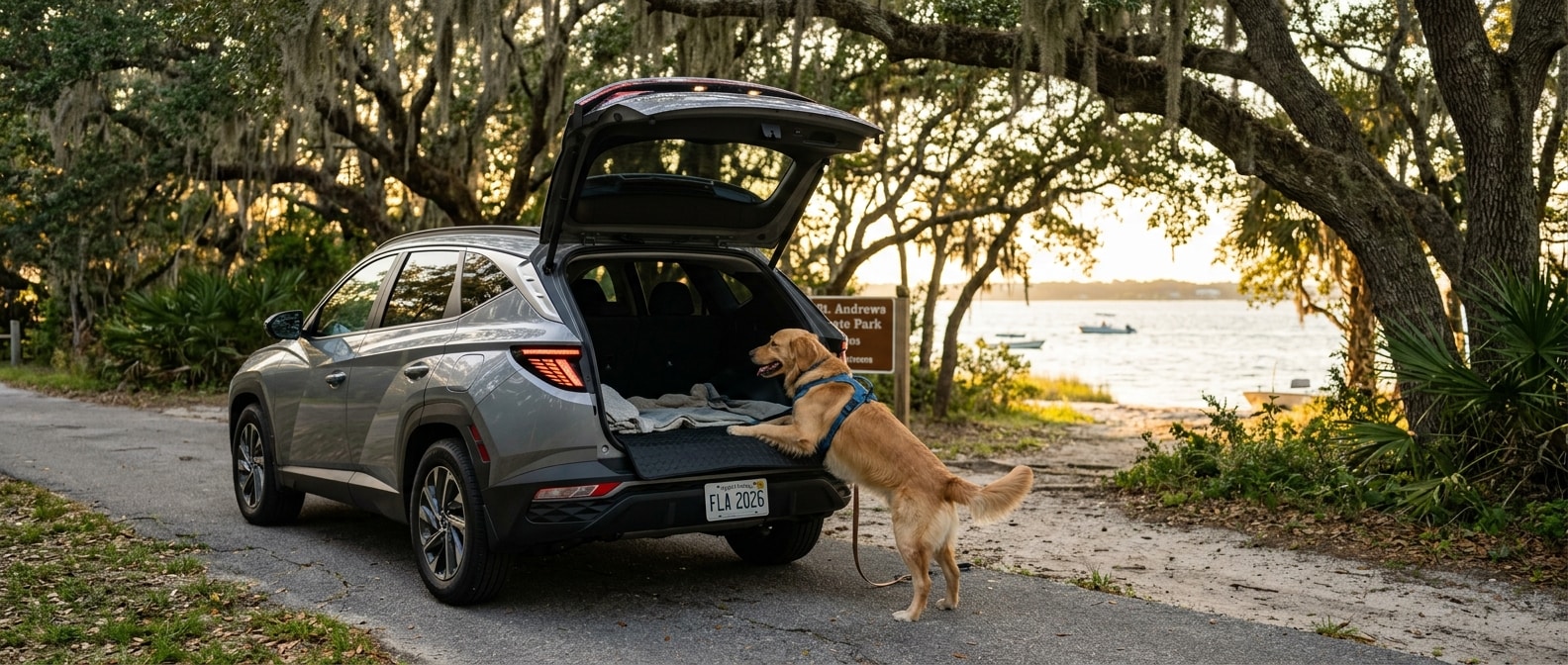 2026 Hyundai Tucson with rear liftgate open at a dog-friendly park near St. Andrews Bay in Panama City, FL