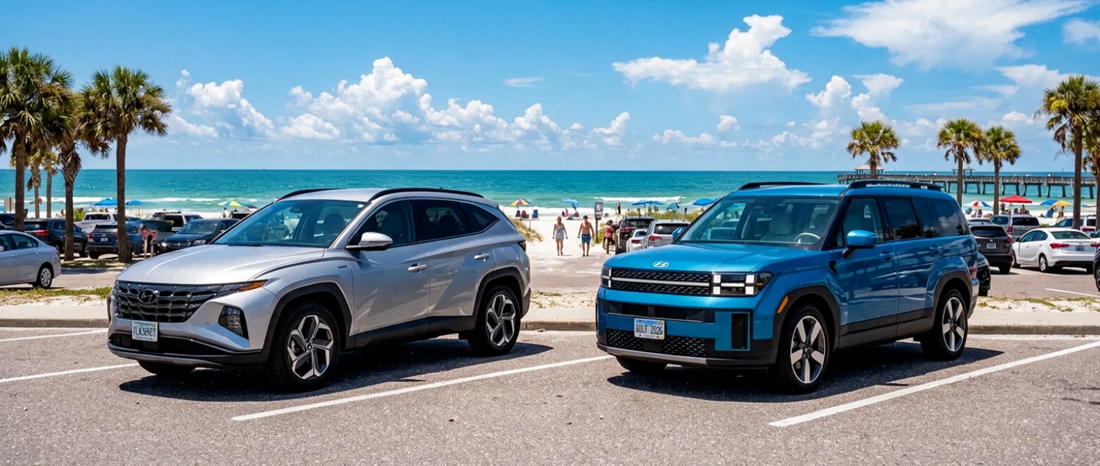 2026 Hyundai Tucson Hybrid and Santa Fe Hybrid parked side by side near Panama City, FL waterfront