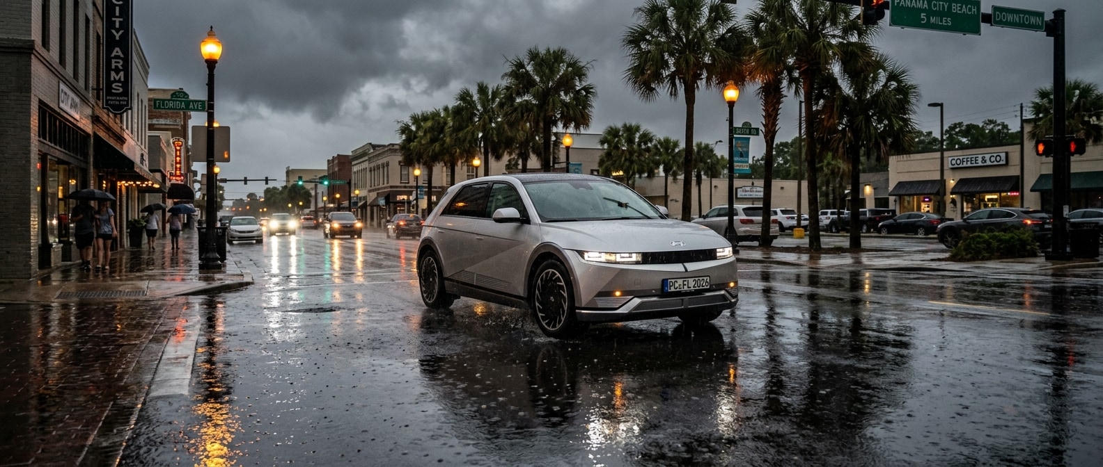 2026 Hyundai IONIQ 5 driving through wet flooded street in Panama City FL after Bay County storm