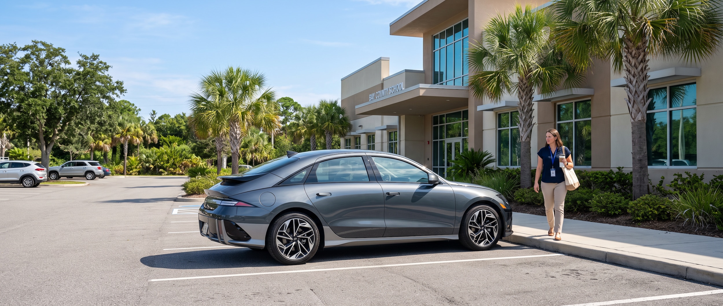 A 2026 Hyundai IONIQ 6 in its streamliner silhouette parked outside a modern Bay County school building in Panama City, Florida, on a bright August morning with palm trees and Gulf Coast sun in the background, conveying a practical and tech-forward teacher's commuter EV