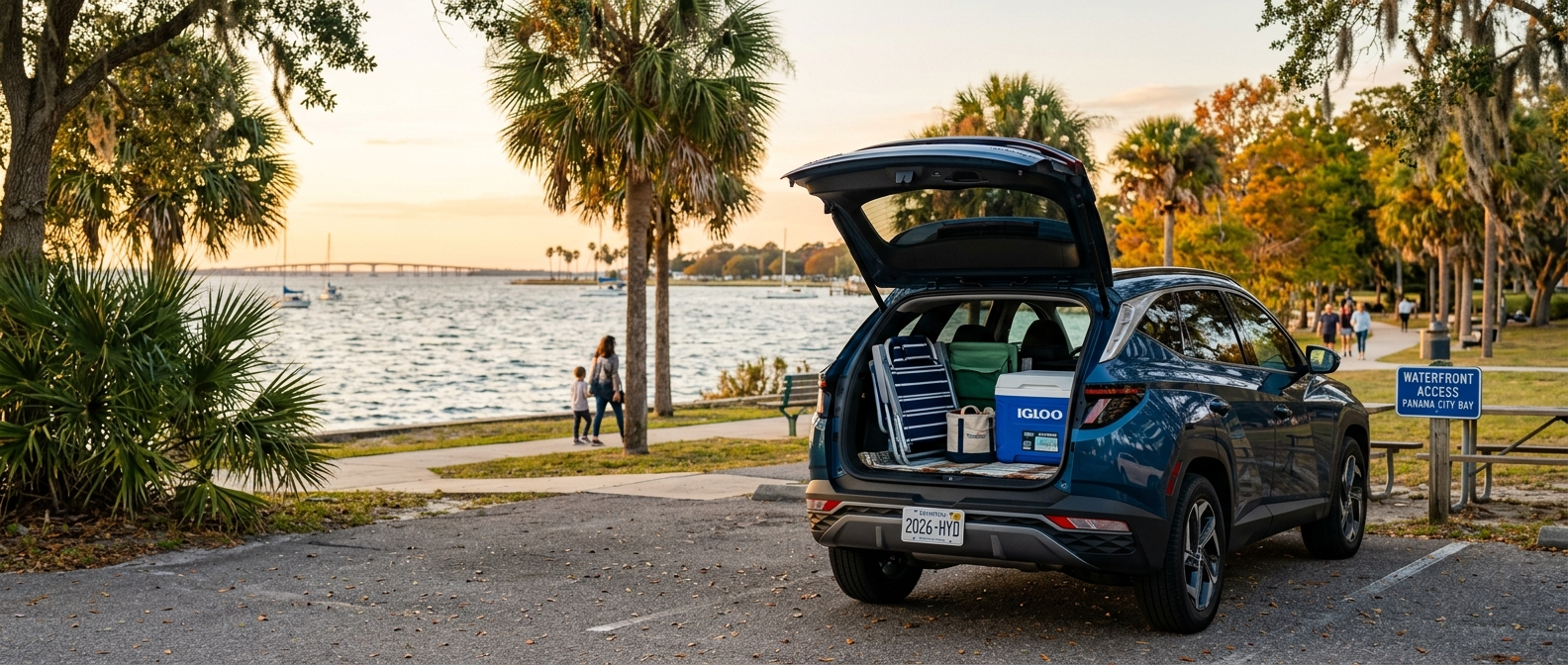 2026 Hyundai Tucson Hybrid loaded with fall festival gear at a Panama City, FL waterfront park