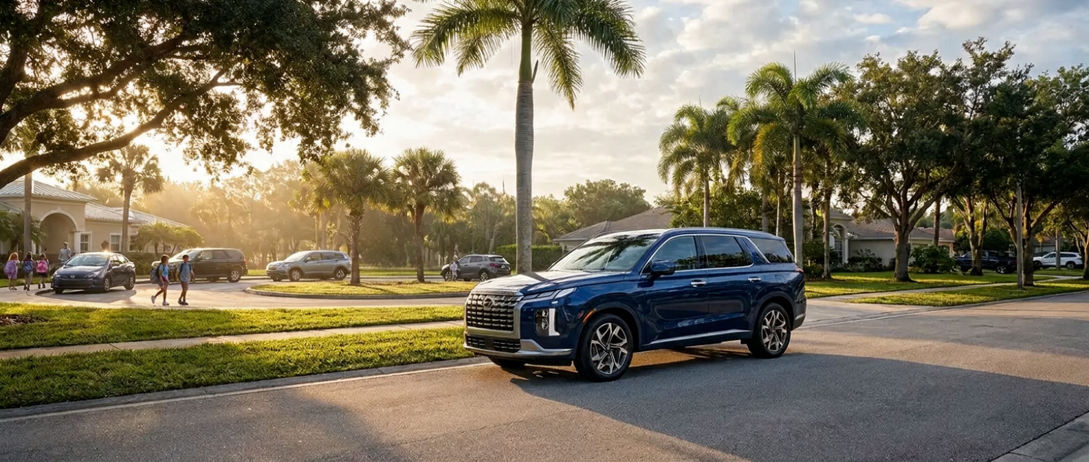 2026 Hyundai Palisade parked at a Lynn Haven, FL school pickup area on a sunny Gulf Coast morning