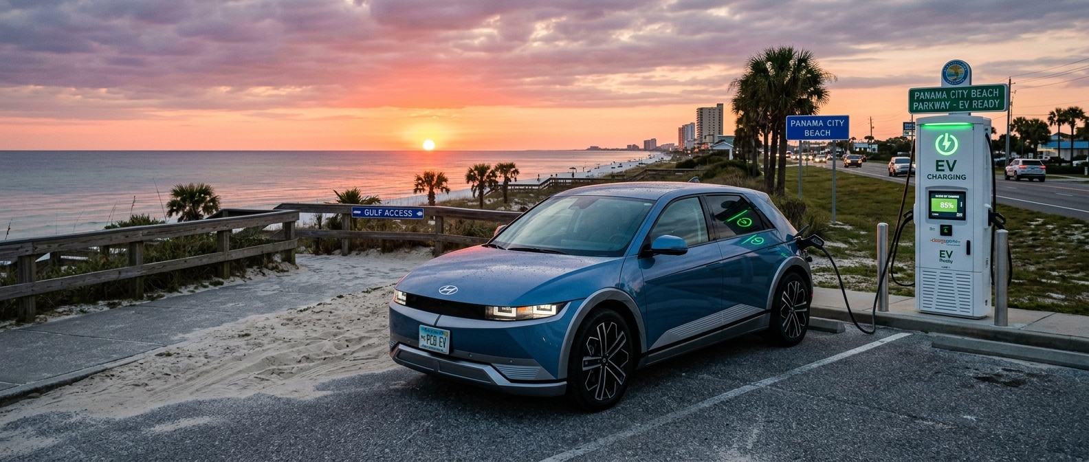 2026 Hyundai IONIQ 5 parked near Panama City Beach Parkway in the Gulf Coast sunset