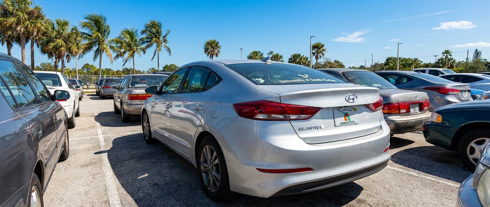 A clean used Hyundai Elantra in a compact parking lot on a sunny Florida day, palm trees in the background, blue Gulf Coast sky overhead, suggesting a college student's daily driver in a warm coastal environment.
