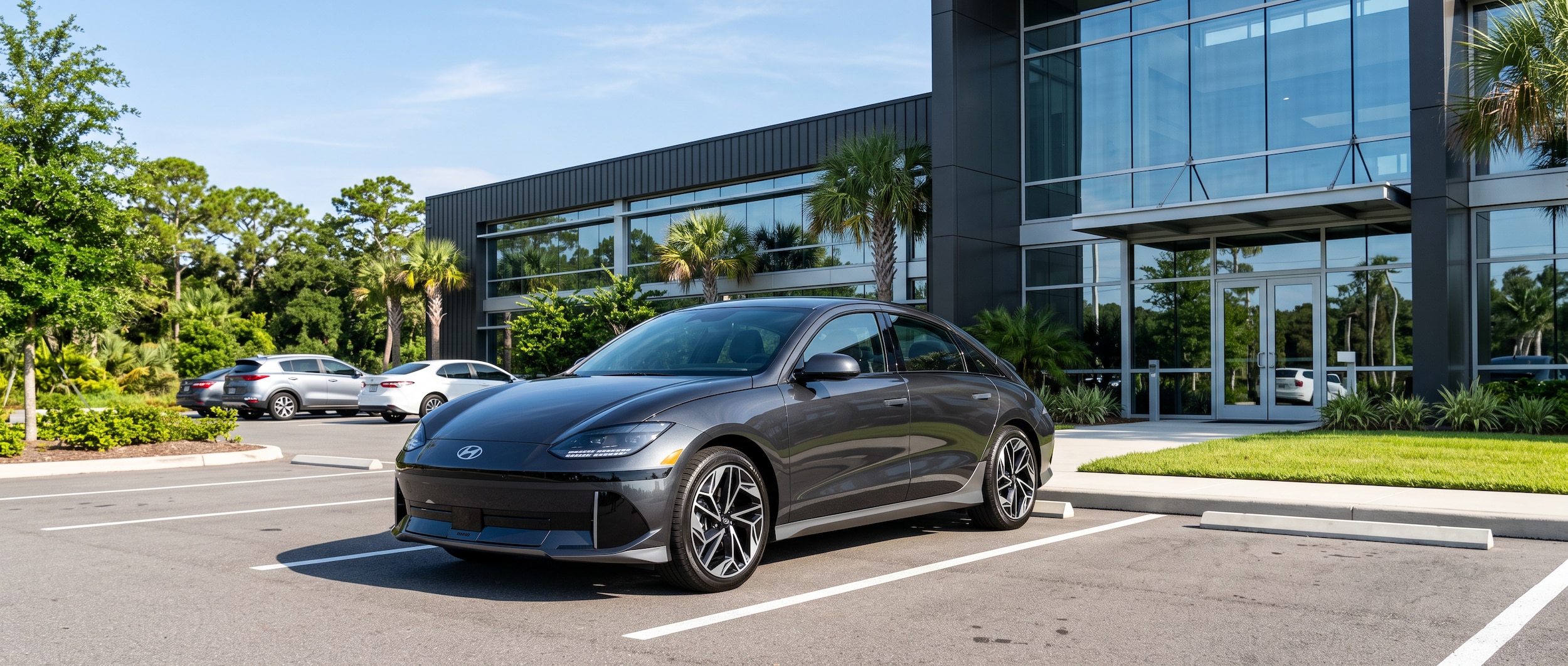 A 2025 Hyundai IONIQ 6 in a sleek dark exterior parked outside a modern office building in Panama City, FL on a bright summer morning, conveying polished professional presence on a Bay County commute route.