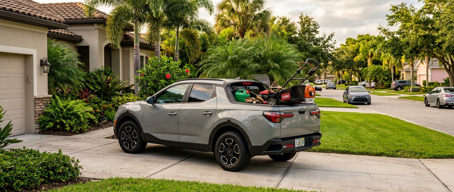 A 2026 Hyundai Santa Cruz parked in a residential driveway in a Florida suburban neighborhood, with lawn equipment loaded in the short bed and lush green landscaping in the background under late-summer Gulf Coast afternoon light
