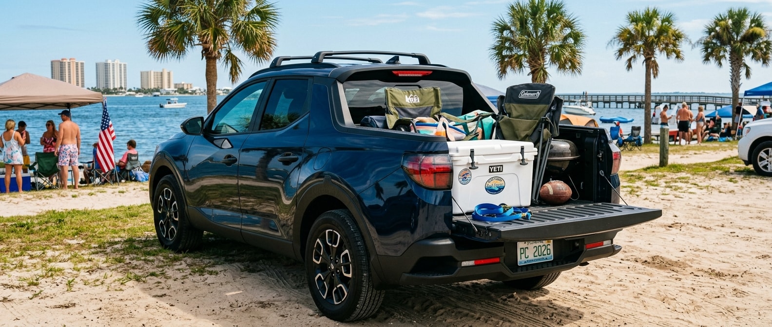 2026 Hyundai Santa Cruz at a Bay County, Florida tailgate with open bed and Gulf Coast waterfront in the background