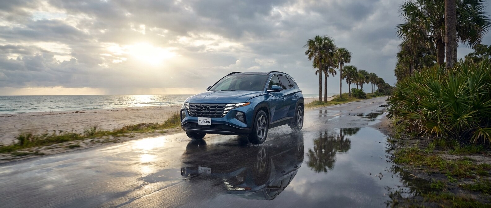 2026 Hyundai Tucson on wet Florida road after heavy rain near Panama City Beach