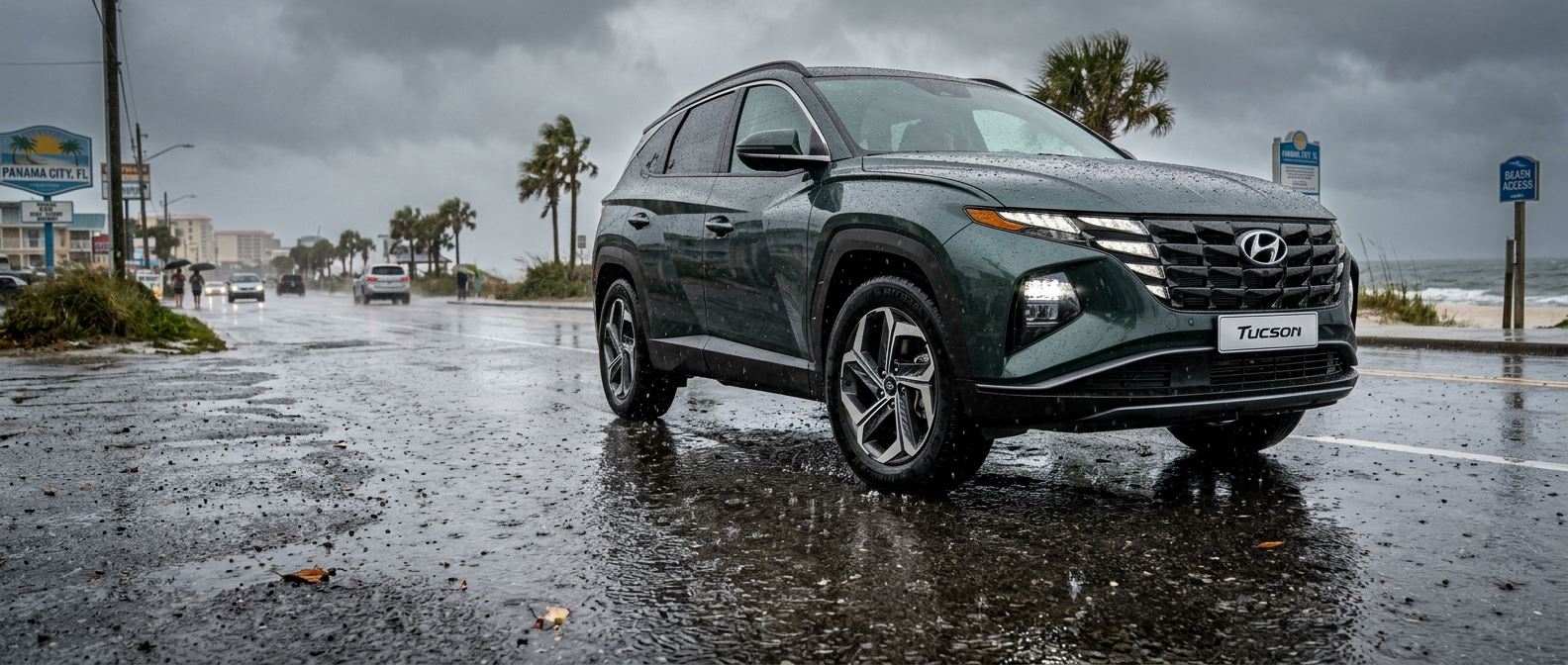 2026 Hyundai Tucson on wet pavement in Panama City FL during rain season tire safety check