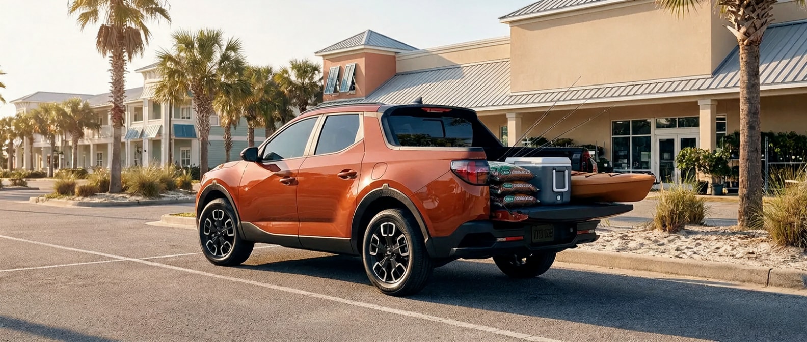 2026 Hyundai Santa Cruz truck bed loaded with mulch bags and outdoor gear in Panama City, FL
