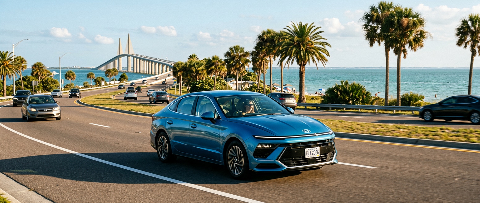 A 2026 Hyundai Sonata Hybrid in silver or blue pulling onto a sunlit coastal highway with palm trees and a bridge visible in the background, representing a Gulf Coast Florida commute in summer 2026.