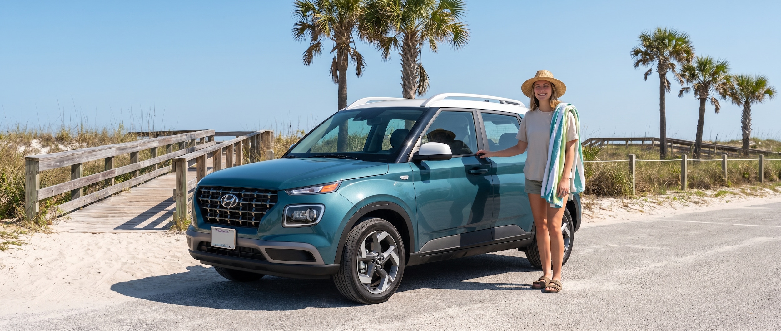 A 2026 Hyundai Venue in a bright two-tone color parked near a Gulf Coast beach access point in Florida, palm trees and a clear blue summer sky in the background, conveying a practical and confident first-car feel for a young driver.