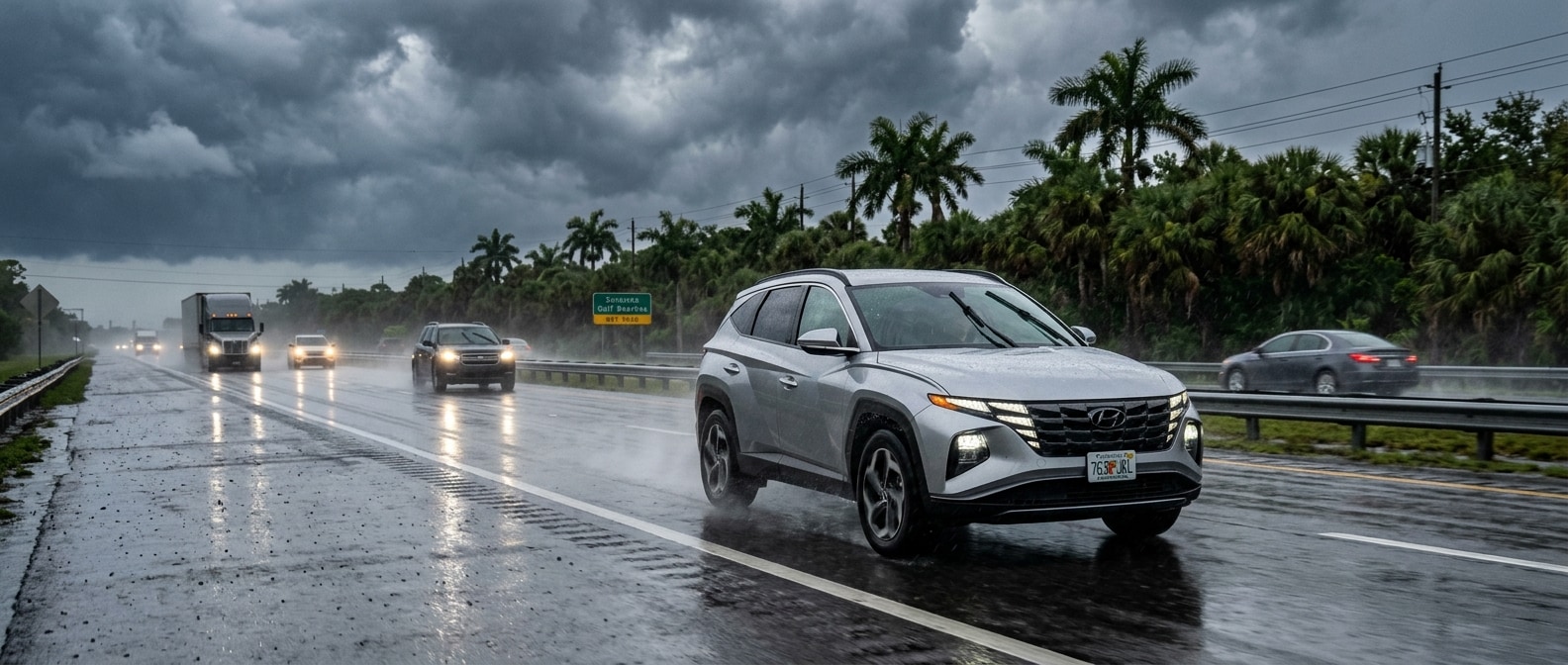 A 2026 Hyundai Tucson in silver driving on a wet, rain-slicked Florida highway with visible storm clouds overhead and palm trees lining the roadway, water spray from the road surface visible at the tires, late afternoon Gulf Coast summer storm atmosphere