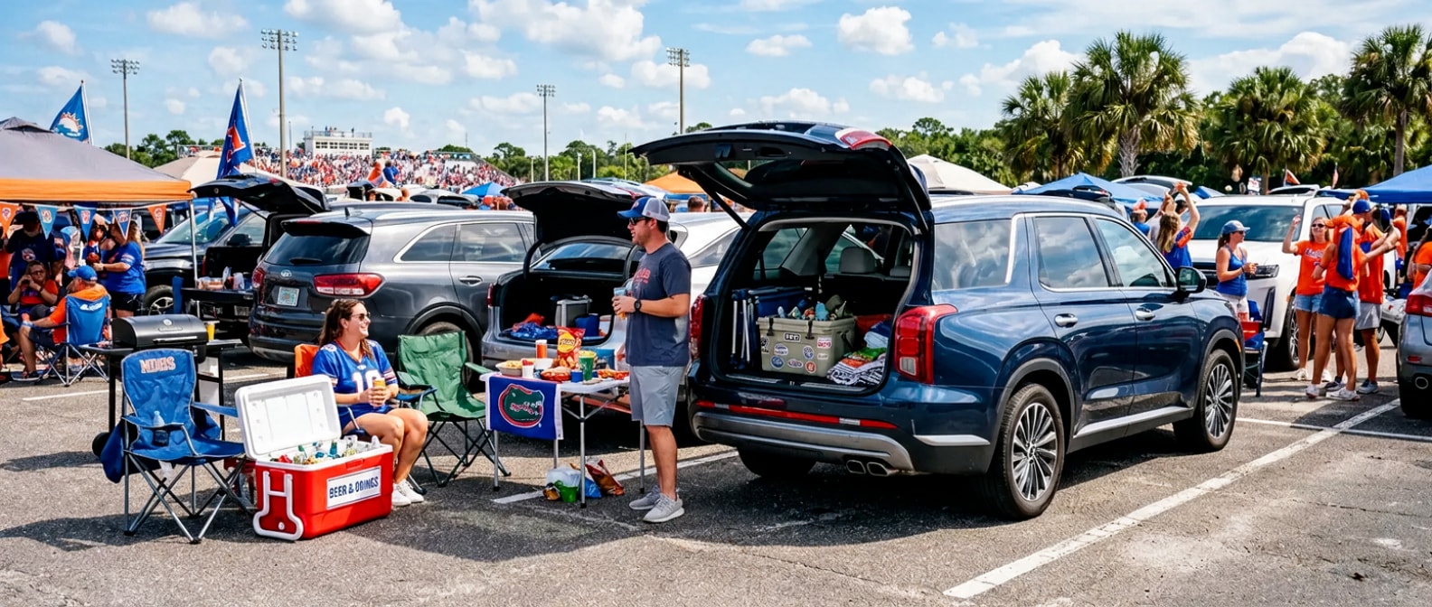 2026 Hyundai Palisade rear hatch open at a Bay County football Saturday tailgate in Panama City, FL