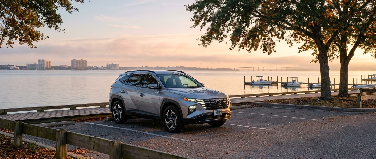 2026 Hyundai Tucson parked along the Gulf Coast at a cool October morning in Panama City, FL