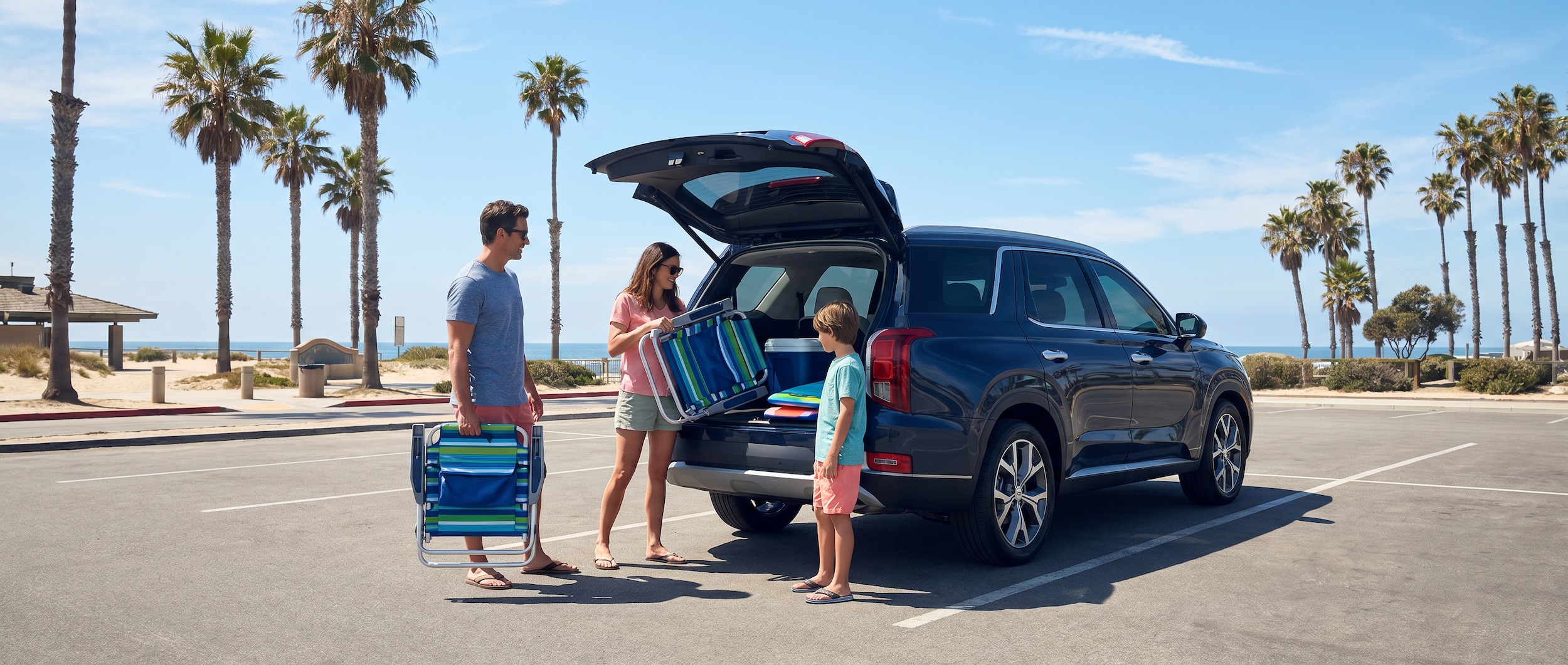 A family loading beach gear into a large Hyundai SUV in a sunny Florida parking lot near a coastal park, with palm trees and clear blue skies in the background.