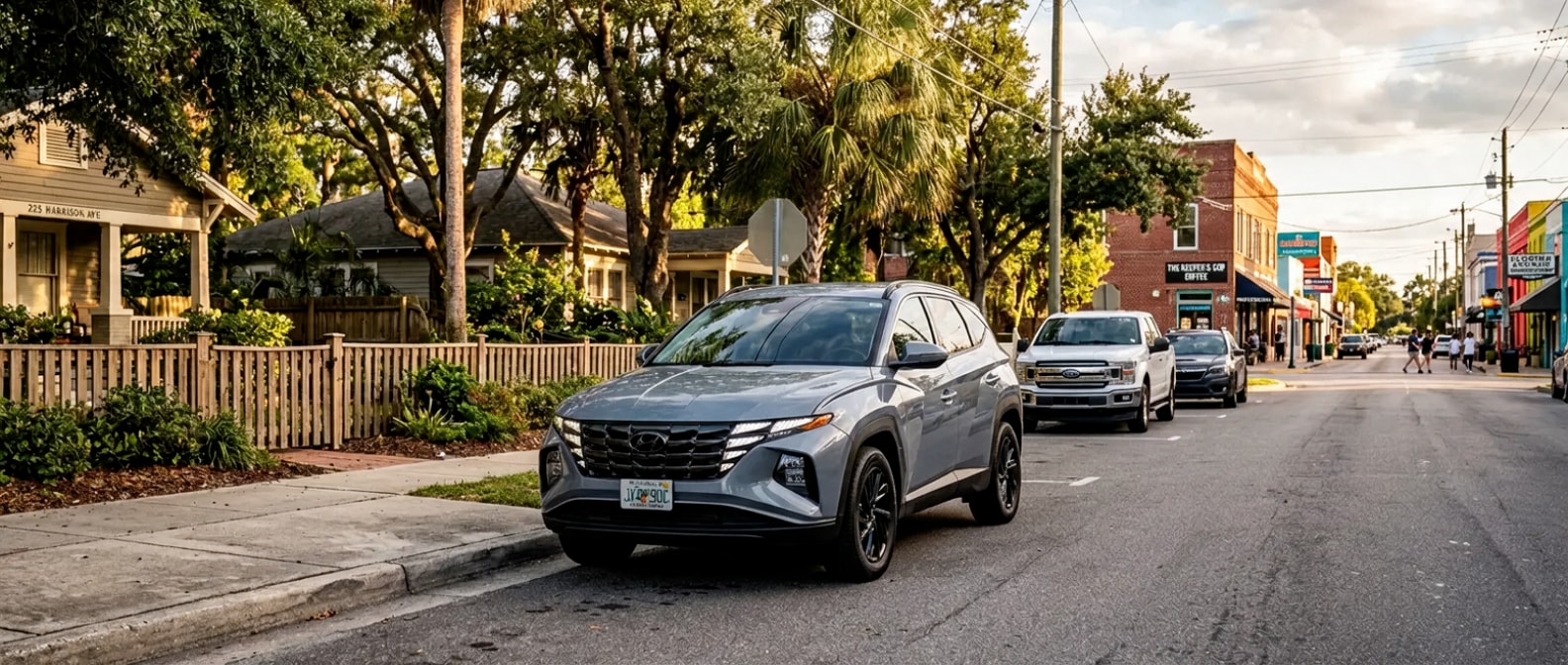 2026 Hyundai Tucson Hybrid parked on a tree-lined street near MLK Boulevard in Panama City FL