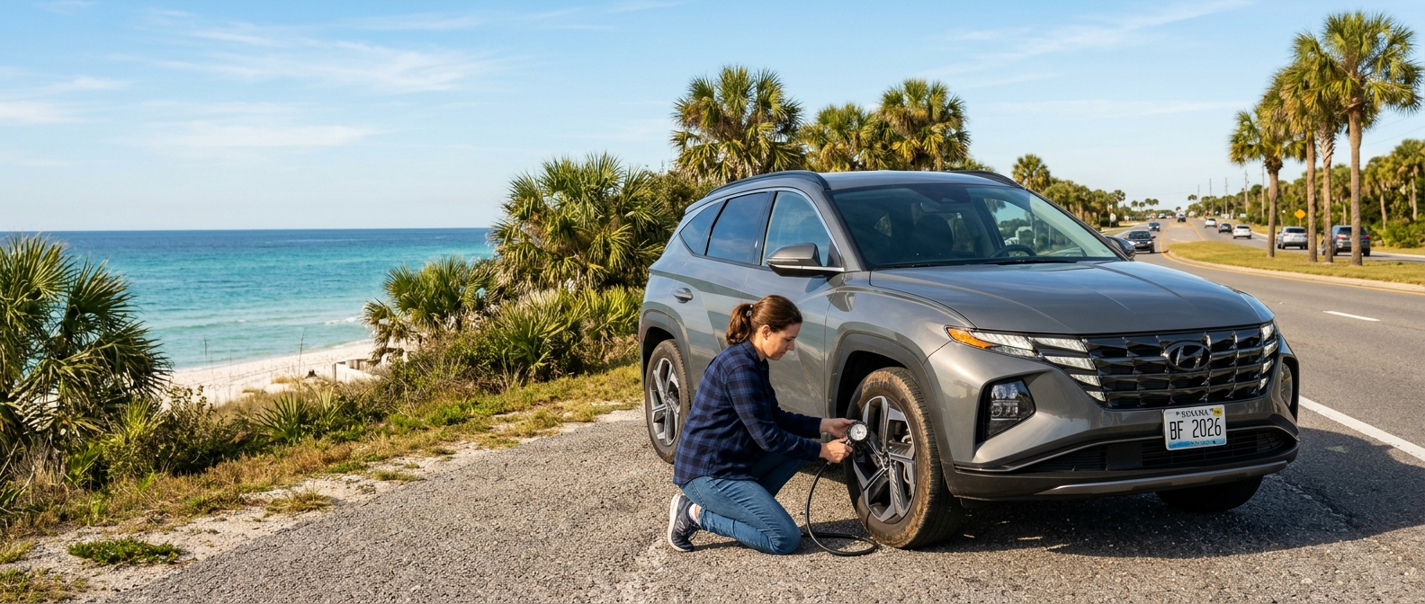 2026 Hyundai Tucson driver checking tire pressure on a Gulf Coast road near Panama City FL before a fall weekend drive