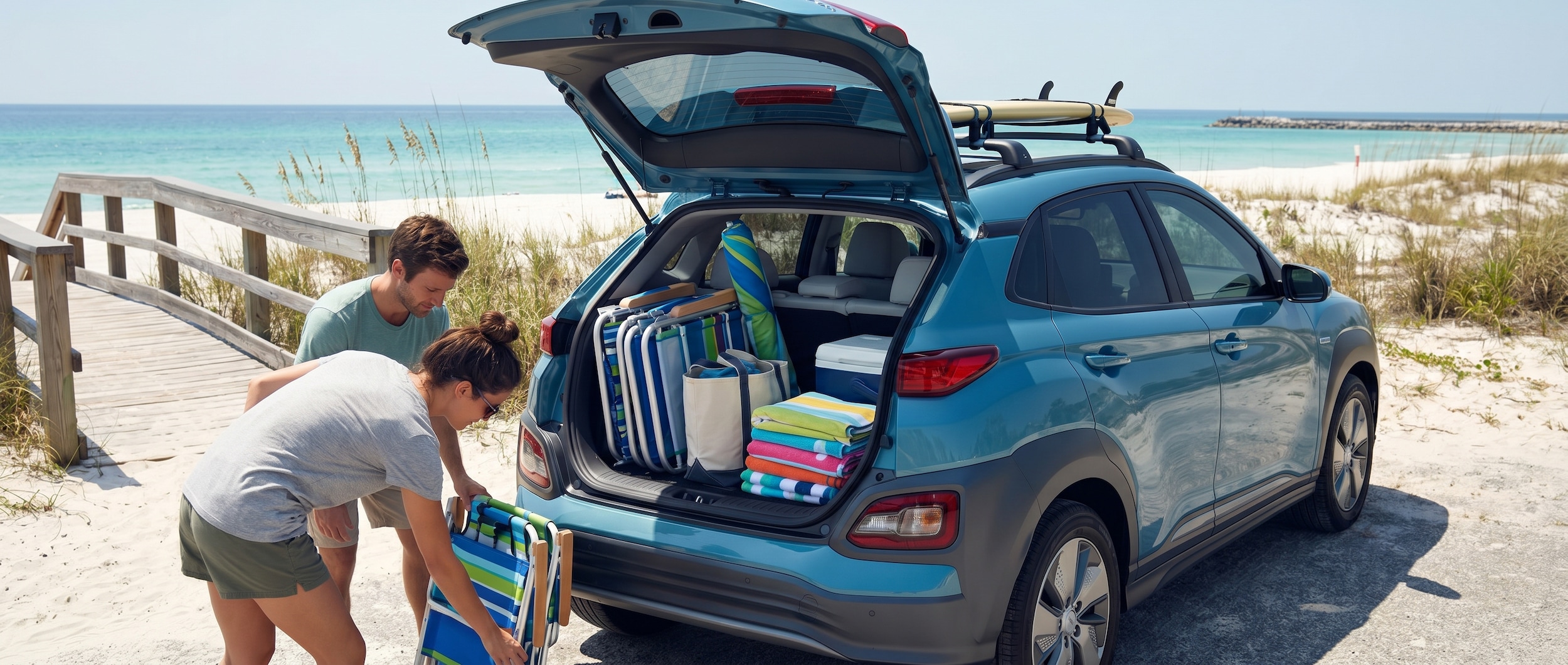 A Hyundai Kona Electric parked at St. Andrews State Park with beach gear visible, showcasing the vehicle's cargo space and beach-ready lifestyle
