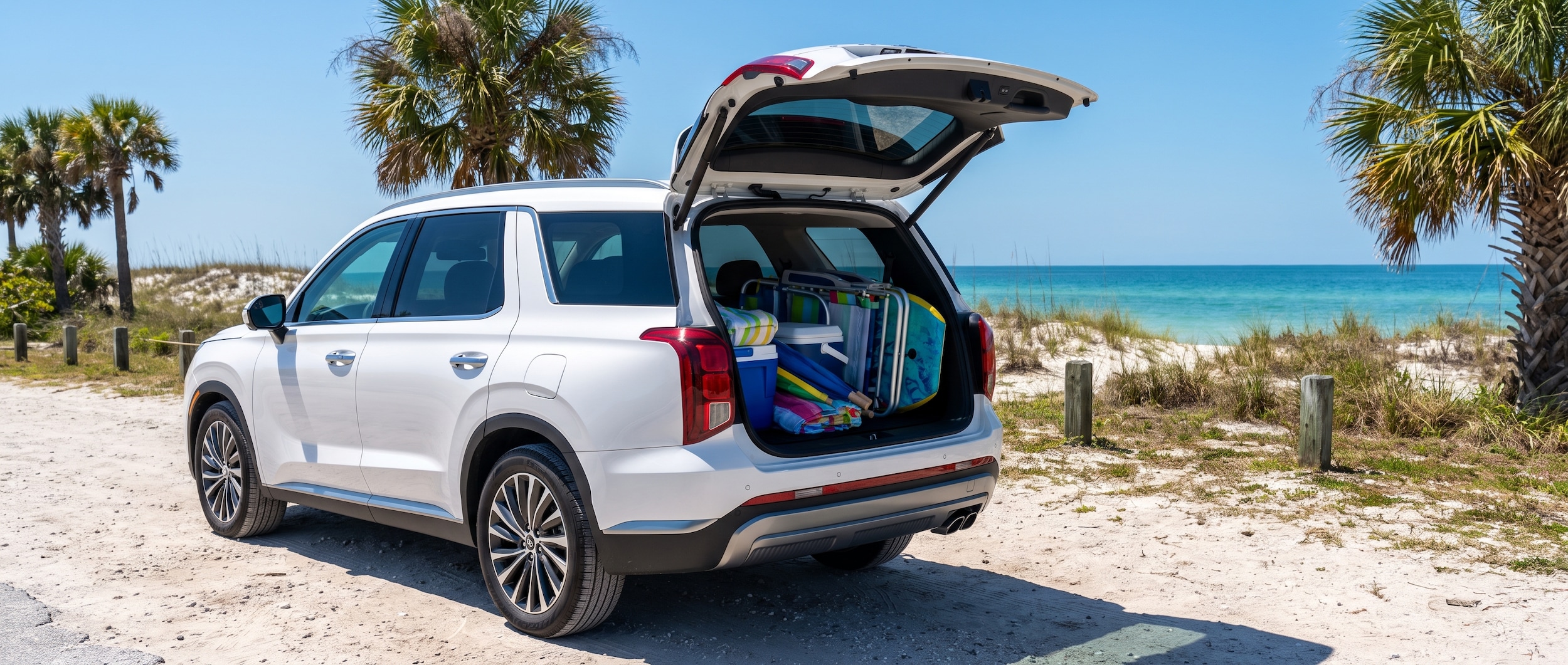 A 2026 Hyundai Palisade in white parked at a Florida Gulf Coast state park, tailgate open and beach gear loaded, with palm trees and blue sky in the background