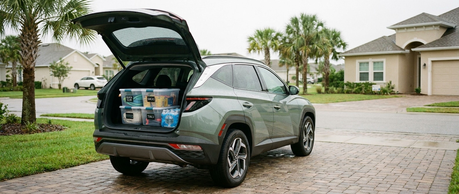 2026 Hyundai Tucson Hybrid with organized cargo in the back, parked at a Panama City home before hurricane season
