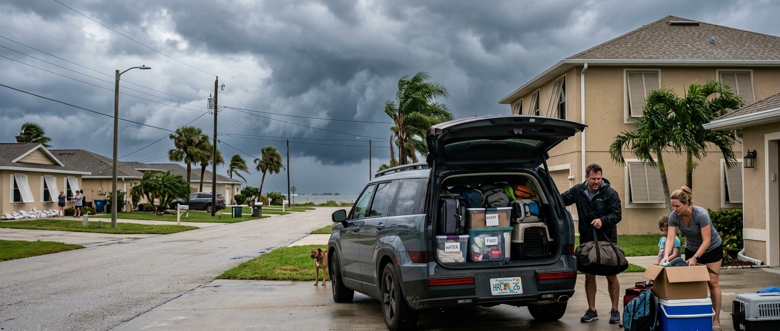 2026 Hyundai Santa Fe loaded for hurricane evacuation in Panama City, FL, with storm clouds visible over the Gulf Coast