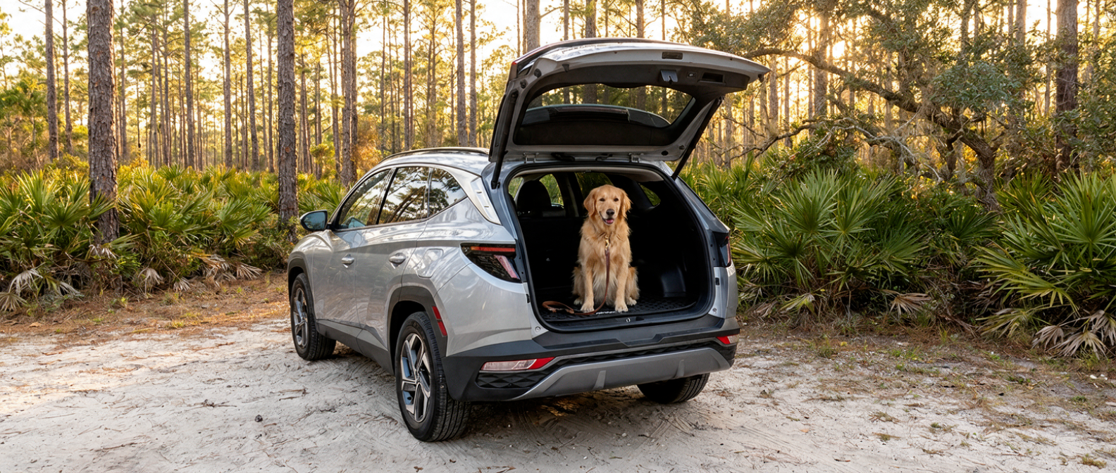 2026 Hyundai Tucson with open rear liftgate at a Florida state park trailhead, leashed dog in cargo area