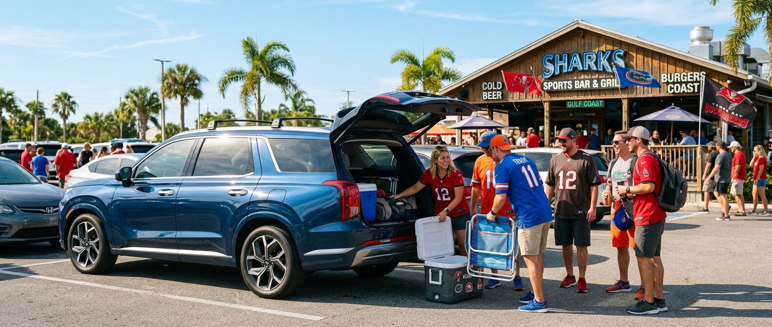 2026 Hyundai Palisade parked outside a Panama City sports bar on a game-day Saturday afternoon with a group of fans loading in