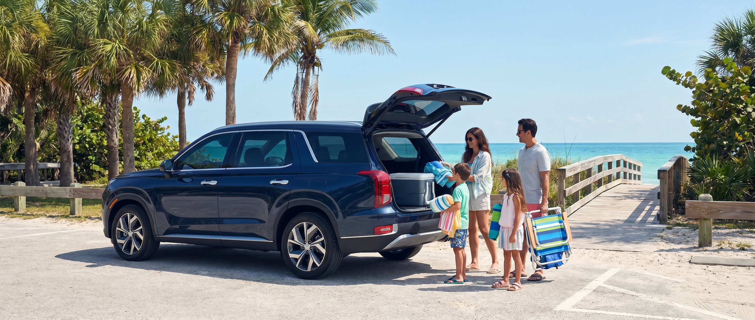 A Hyundai Palisade Hybrid parked near a scenic coastal Florida park with palm trees, blue skies, and a family unloading beach gear from the rear cargo area