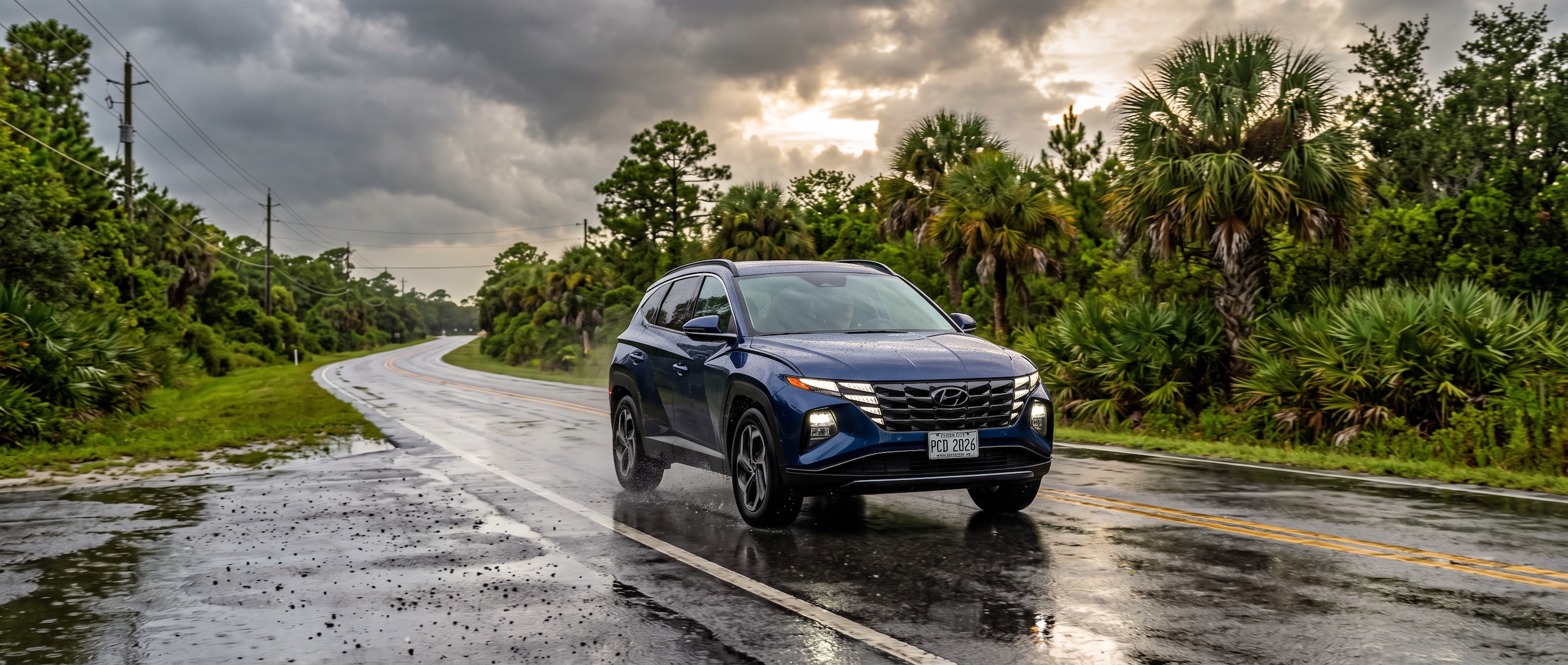 A 2026 Hyundai Tucson AWD in deep navy blue driving through a rain-soaked two-lane road in Panama City FL, puddles visible on wet asphalt, overcast Gulf Coast sky, lush coastal vegetation in the background, late-afternoon summer light breaking through storm clouds