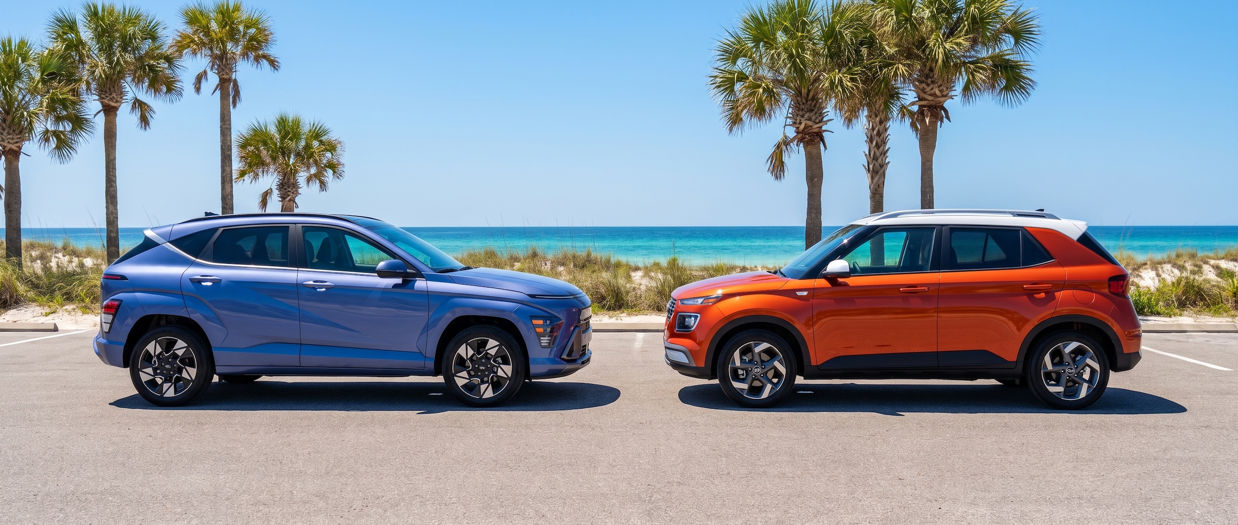 Two 2026 Hyundai subcompact SUVs side by side in a sunny coastal parking lot near the Gulf of Mexico, one a Kona and one a Venue, palm trees and blue sky in the background, summer Florida setting