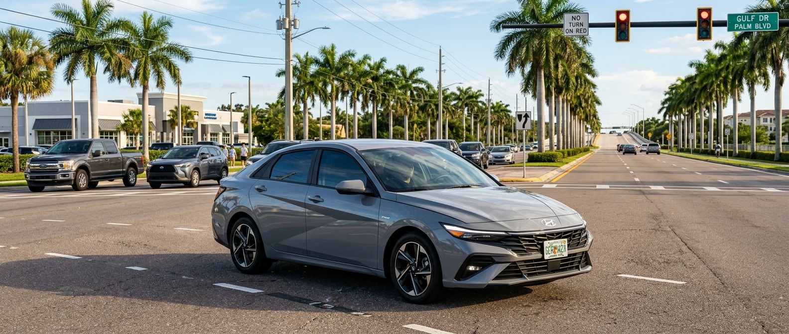 2026 Hyundai Elantra Hybrid stopped at a traffic light on a sunny Florida commuter road