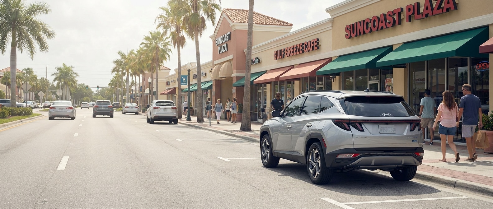 2026 Hyundai Tucson Hybrid parked near a busy Panama City FL retail corridor on Beck Avenue