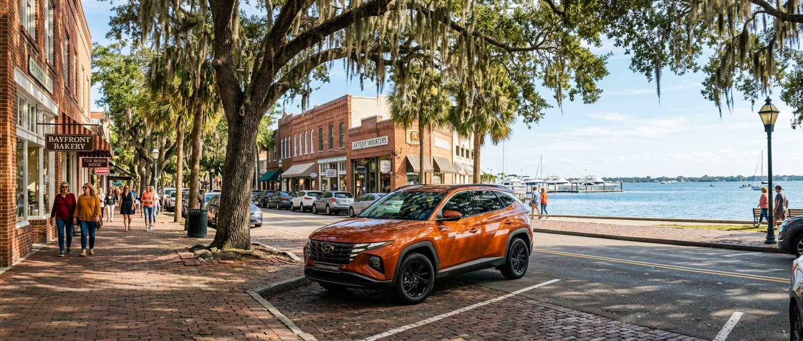 2026 Hyundai Tucson Hybrid parked on a historic waterfront street in St. Andrews, Panama City, Florida, fall afternoon