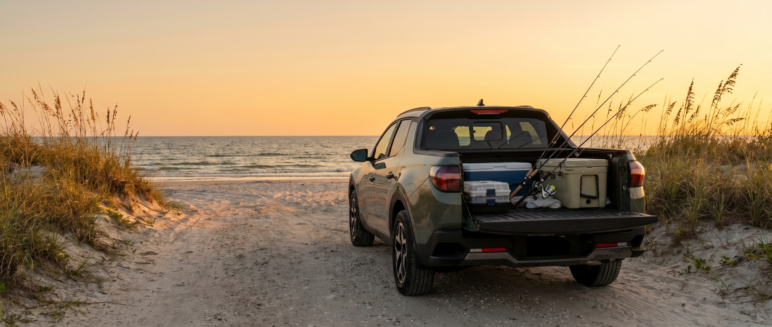 Hyundai Santa Cruz loaded with fishing and beach gear at Panama City Beach access point