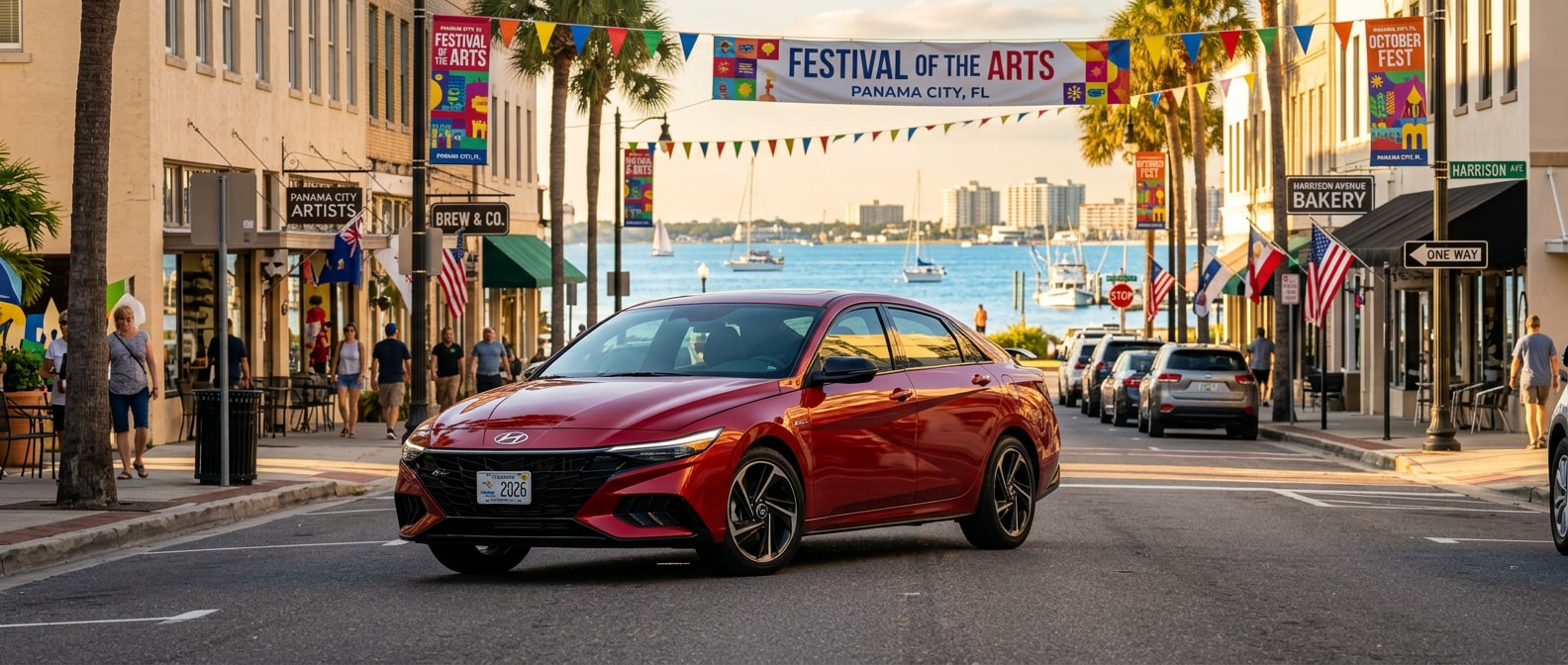 2026 Hyundai Elantra parked on Harrison Avenue in downtown Panama City near festival activity