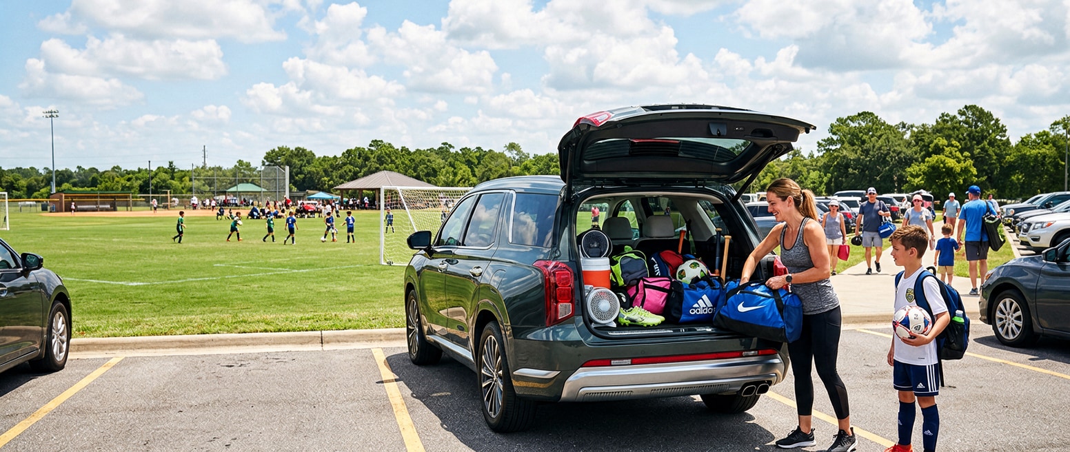 A 2026 Hyundai Palisade in a sun-drenched parking lot adjacent to green sports fields, rear liftgate open with sports bags and gear visible, Gulf Coast summer sky in the background