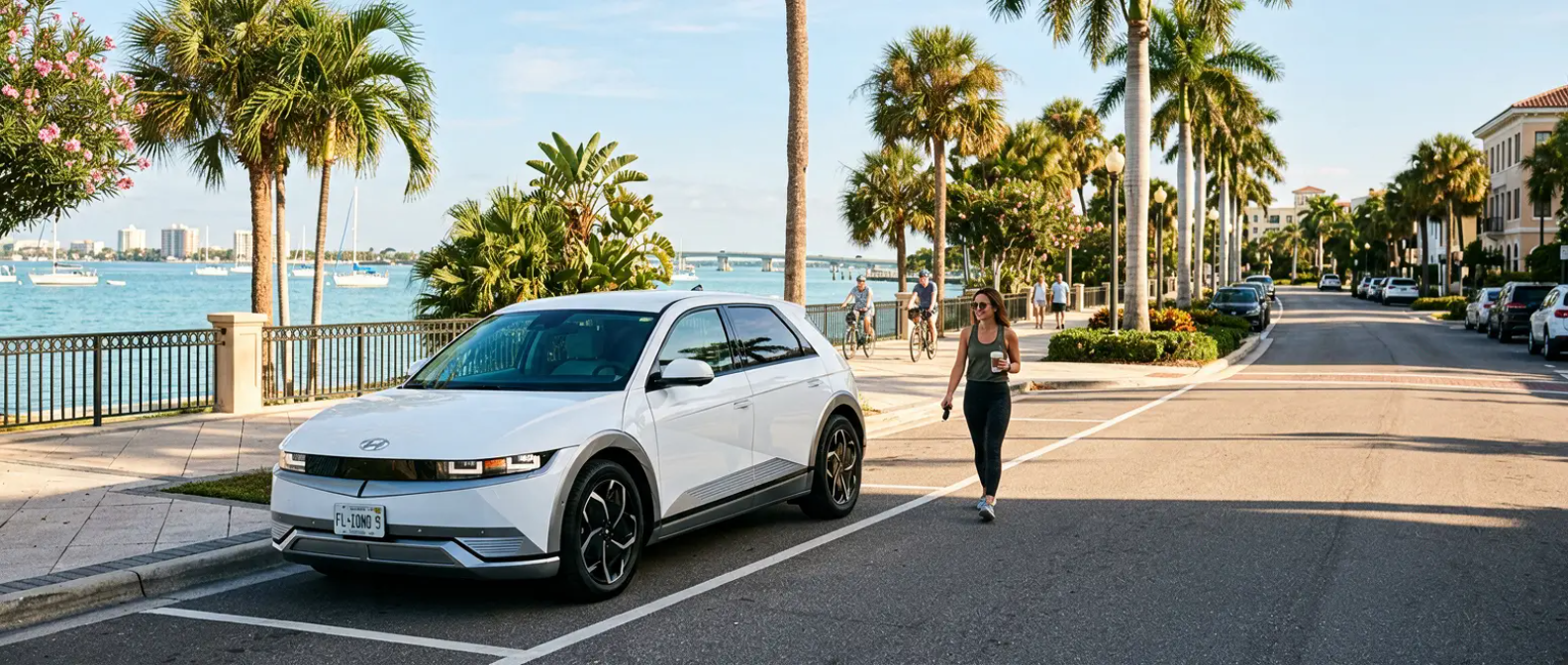 2026 Hyundai IONIQ 5 parked near Panama City FL Gulf Coast waterfront on a sunny morning