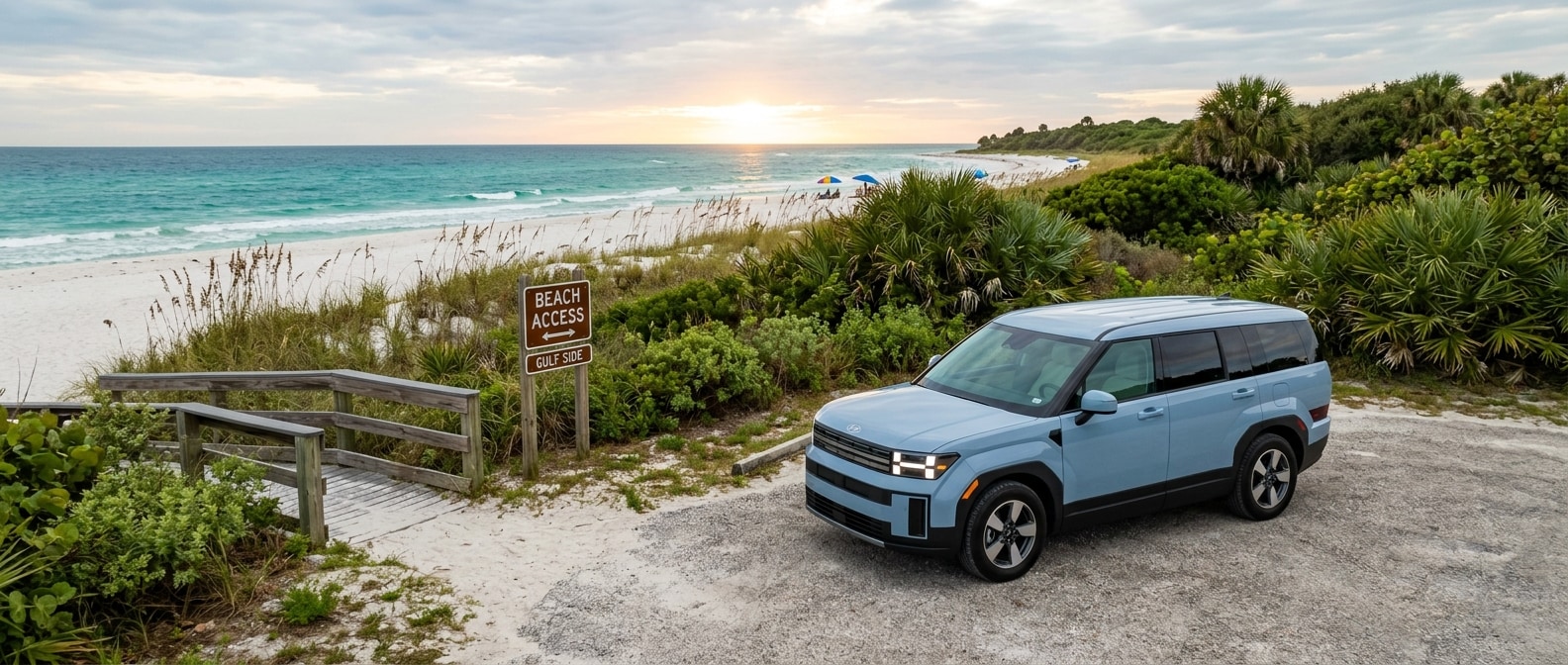 2026 Hyundai Santa Fe Hybrid parked at a Mexico Beach Gulf Coast access point on a sunny Florida afternoon
