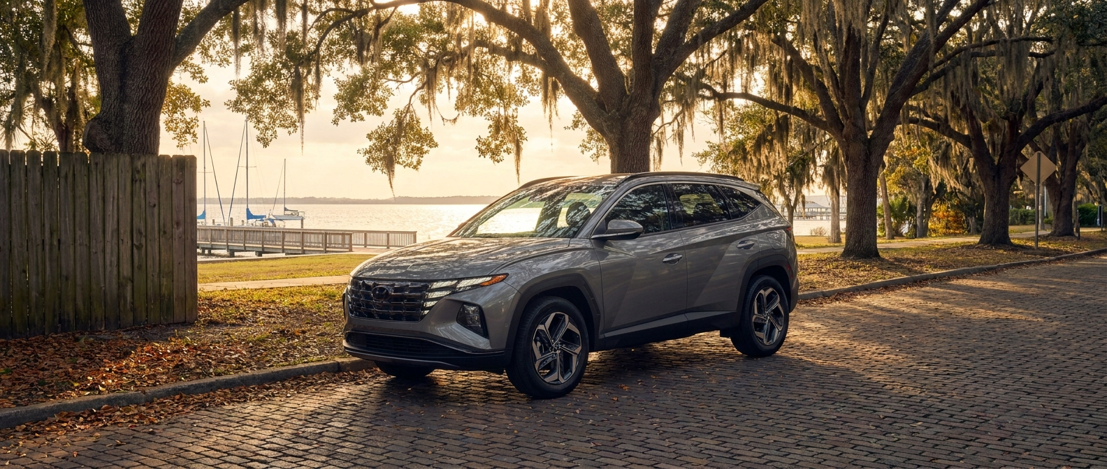 2026 Hyundai Tucson Hybrid parked near Oaks by the Bay Park in Panama City FL at sunset