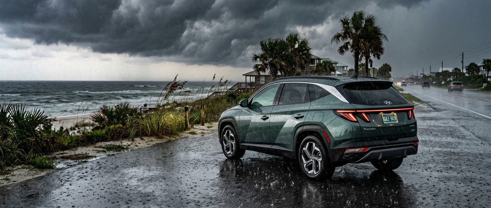 2026 Hyundai Tucson on a rain-soaked Panama City FL road during heavy storm