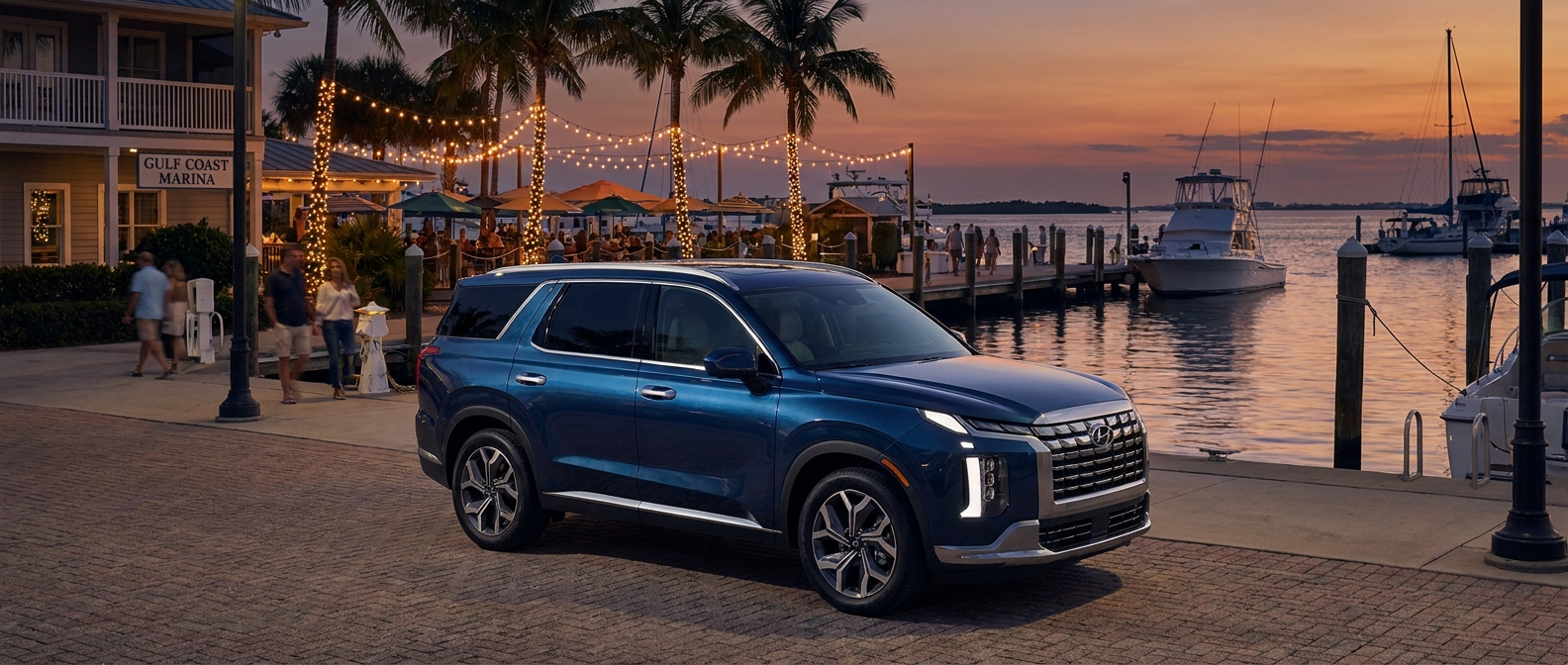 2026 Hyundai Palisade Hybrid parked at Panama City Marina waterfront at dusk