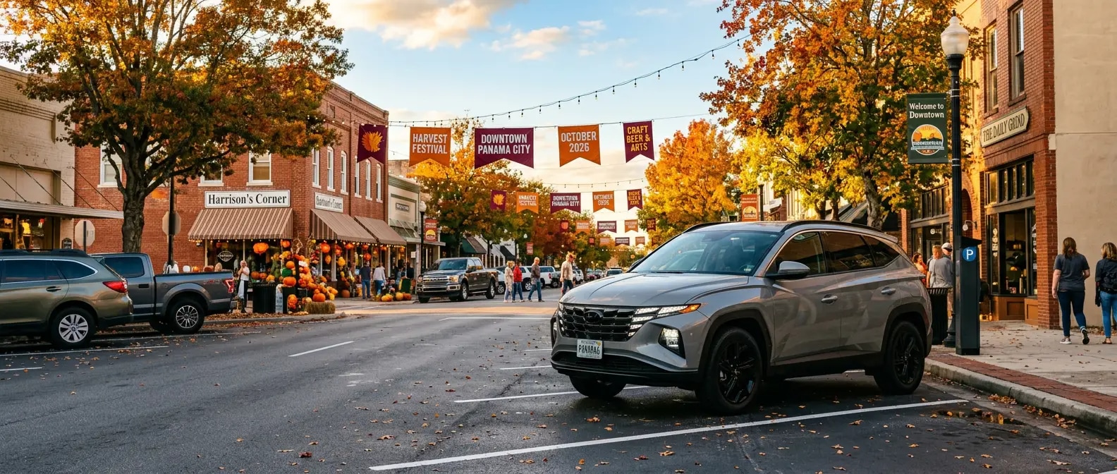 2026 Hyundai Tucson parked near Harrison Avenue in Downtown Panama City during fall festival season
