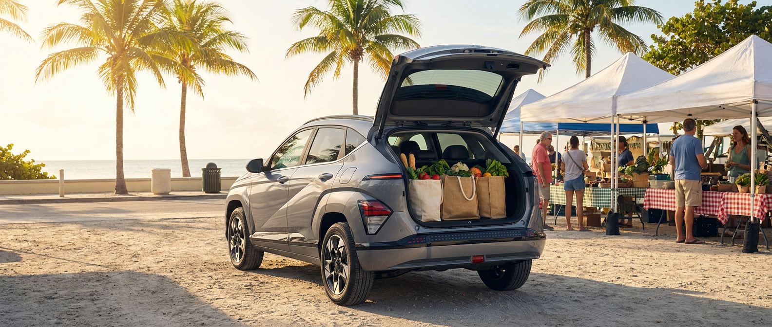 2025 Hyundai Kona Electric at a Panama City outdoor market on a clear October morning
