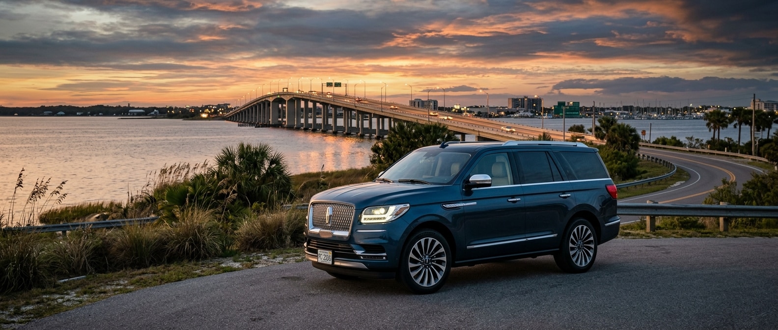 2026 Lincoln Navigator parked near the Hathaway Bridge in Panama City FL at dusk
