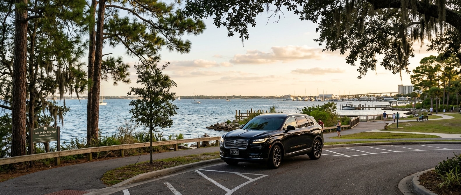 2026 Lincoln Nautilus parked at a bayfront park in Panama City FL with St. Andrews Bay in the background