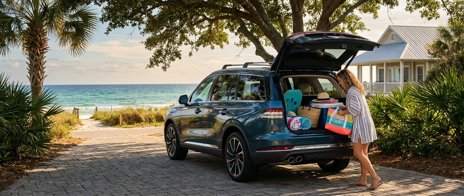 2027 Lincoln Aviator Reserve in Panama City FL driveway with cargo door open and beach gear being loaded