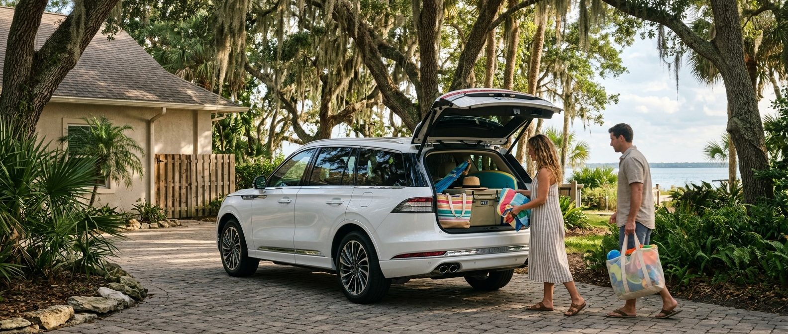 2026 Lincoln Aviator Reserve in Space White parked on a Gulf Coast driveway with liftgate open for beach gear loading