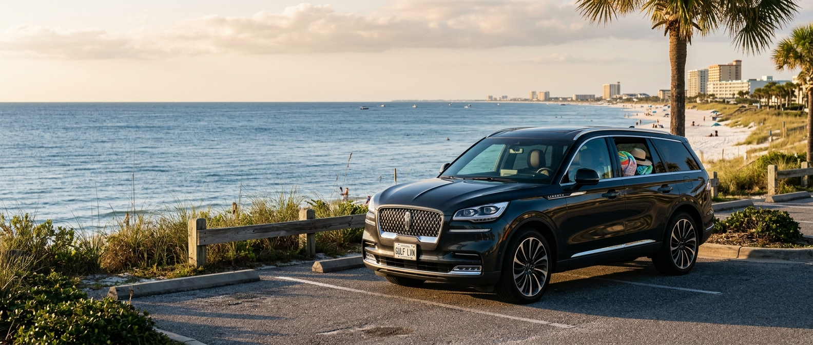 2026 Lincoln Aviator Reserve at a Panama City, FL coastal lot with Gulf view at dusk